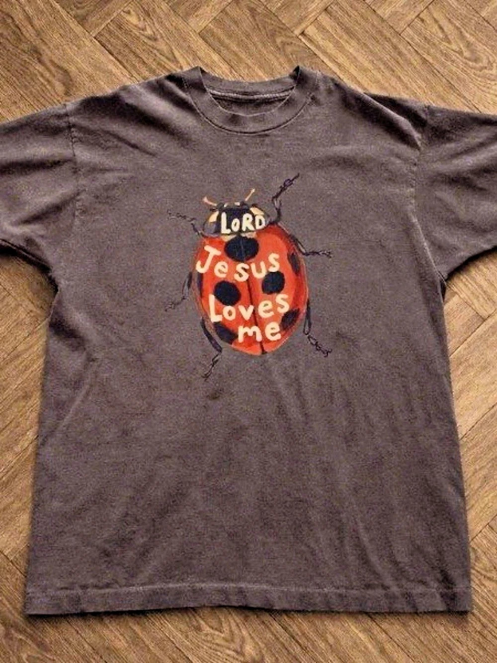 Jesus Lovers Me Lady Bug Graphic Short Sleeve Tee in Brown